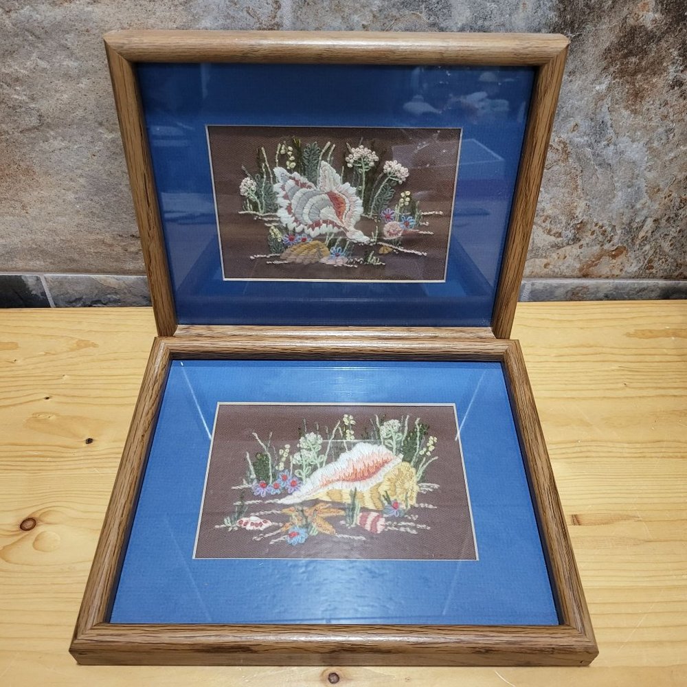 VTG Crewel Embroidery Pair Seashells Wildflowers Framed Hanging Wall Decor